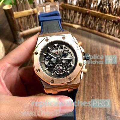 Copy Audemars Piguet Royal Oak Chronograph Gold Bezel Black & Blue Rubber Strap Watch